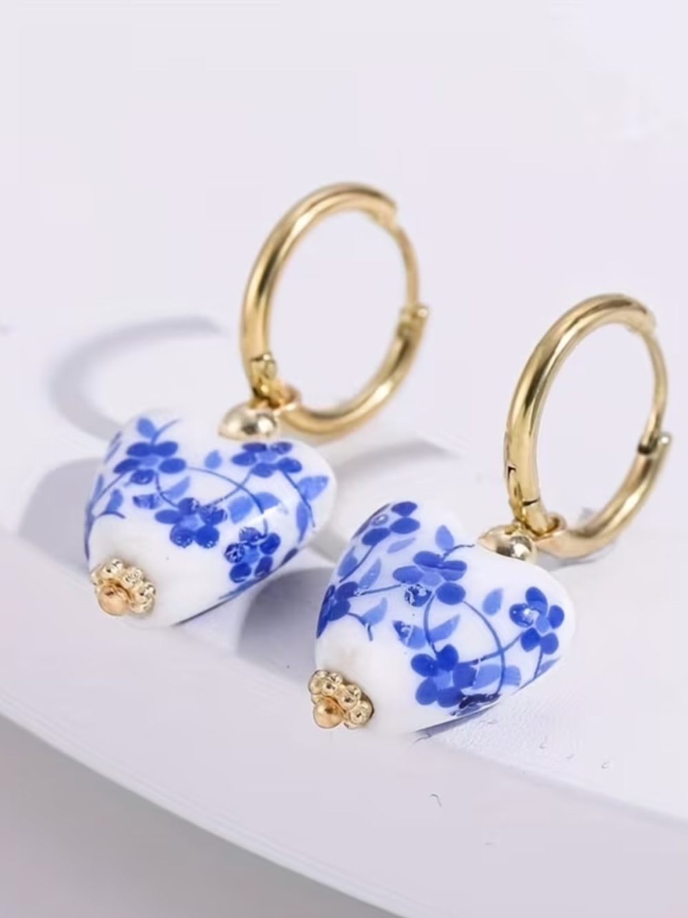 Gold Hoop Earrings with White & Blue Floral Heart Drops